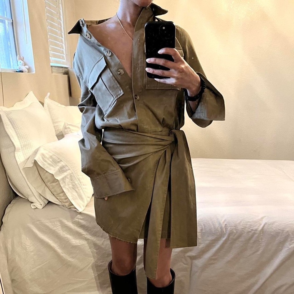 Cool cargo/utility button up wrap dress with raw edges. Brand is Derek Lam